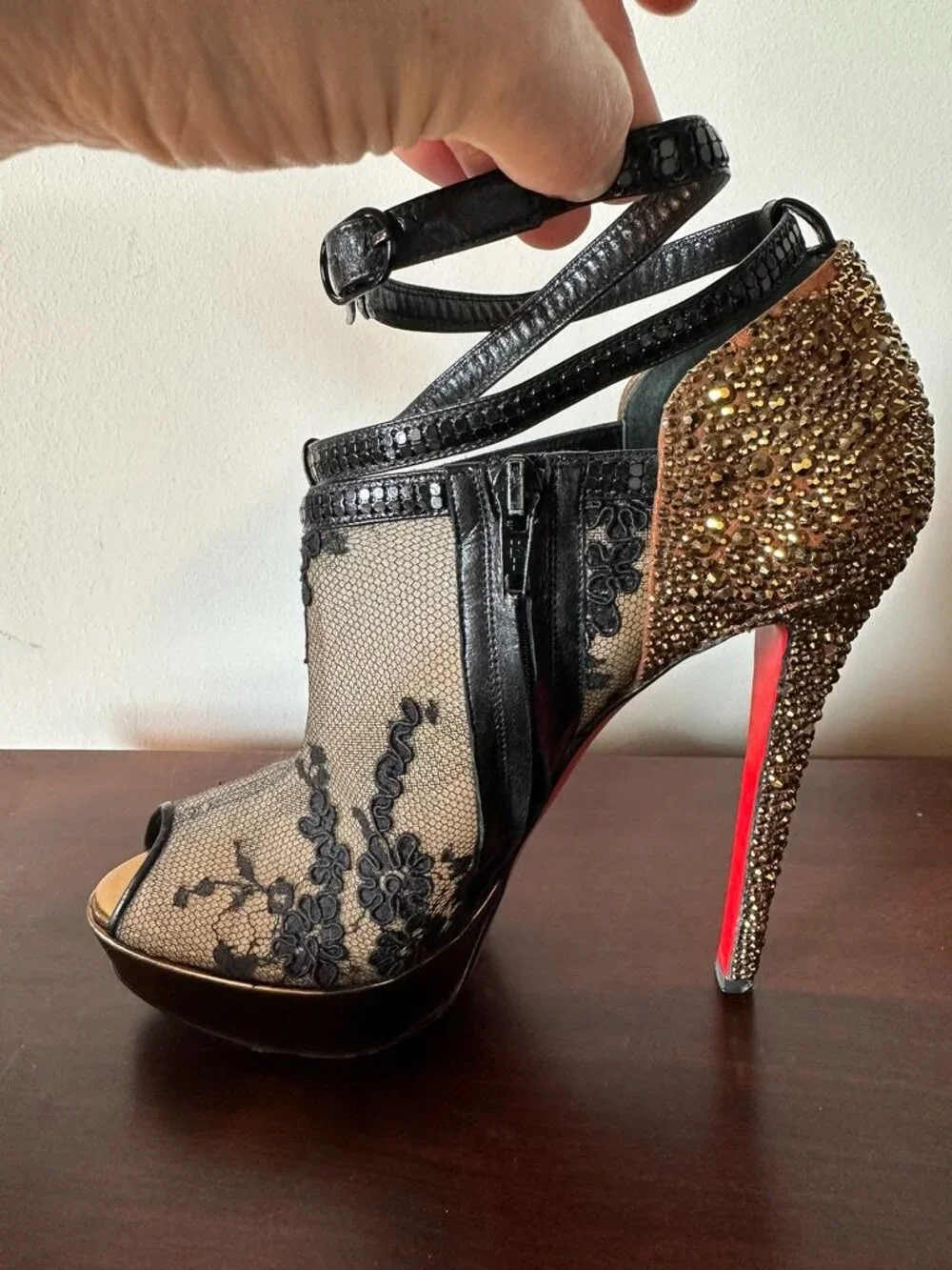 Christian Louboutin Bridget Strass Peep-Toe Booties
